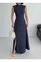 Crew Neck Slit Navy Blue Maxi Dress - 2