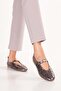 Women's Genuine Leather Daily Perforated Strap Ballerinas Hl.24500 Platinum - 7