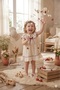 Baby Girl Peter Pan Collar Elegant Dress with Red Bow and Floral Detail 2-Piece with Bandana - 2
