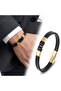 Men's Yellow Steel and Black Leather Bracelet - 21 cm