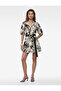 X Melis Ağazat - Linen Blend Short Balloon Sleeves V-Neck Floral Patterned Belted Mini Flared Dress
