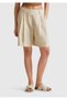 Women's Stone 100% Linen Pleated Relax Fit Bermuda Shorts with Elastic Waist at the Back
