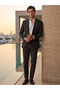 Riviera |   Carbon Black Textured Gofre Striped Vest Set Suit - 5
