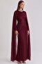 Yoryo Silk Hijab Evening Dress with Stone Detailed Cape on the Collar Dark Bordo 1247 - 2