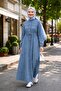Women's Buttoned Stone Embroidered Lace-Up Light Blue Denim Dress - 6