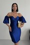 Bandeau Balon Sleeve Bodycon Mini Cobalt Blue Evening Dress
