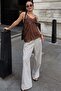 Brown Lace Asymmetrical Cut Satin Blouse Mg2694