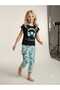 Girl's Earmuff Printed Black T-Shirt Chain Written Denim Capri Hatless 2-Piece Set - 3