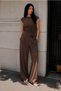 Women's Chocolate Brown Asymmetrical Blouse with Volan Detail and Wide Leg Pants 2-Piece Set - 6