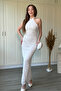 Neck Tie Jacquard Tulle Midi White Dress - 8