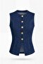 Denim Vest with Gold Buttons and Stitching Detail - 6