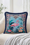 Blue Fringed Throw Pillow Cover with Flamingo Bird and Tropical Floral Leaf Pattern - Retro Tassel Pillowcase - 2