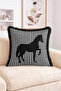 Black and White Fringed Throw Pillow Cover with Black Horse Silhouette and Houndstooth Pattern - Modern Tassel Pillowcase - 2