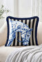 Blue Horse Figured Black and White Striped 4-Piece Fringed Throw Pillow Cover - Tasseled Pillowcase Set - 4