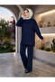 Women's Islamic Clothing Modal Fabric Self-Line Detailed Crew Neck Tunic Bottom Top Set Navy Blue - 2