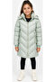 Girl's Mint Green Hooded V Patterned Plush Lined Zipper Pocket Quilted Midi Length Puffer Coat