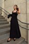 Black Una Thick Strap Square Neck Flared Detail Women's Midi Dress - 2