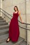 Bordo Una Thick Strap Square Neck Flared Detail Women's Midi Dress - 4