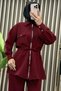 Lara Takim Double Fabric Women's Burgundy Zippered, Pocket Detailed, and Drawstring Waist Pants Hijab Two-Piece Set - 2