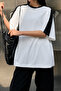 White Body T-Shirt with Black Stripes on the Shoulder - Oversize Crew Neck Short Sleeve T-Shirt