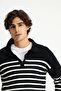 Polo Neck Oversize Extra Comfortable Cut Striped Knitwear Sweater - 5