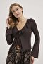 Ruffled Front Lace-Up Sleeves Bell Stretchy Blouse