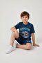 Blue Airplane Printed Text T-Shirt and Shorts Set for Boys, 2-Piece Set 23922 - 4
