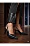 Gevis Stitched Detailed Black Leather Women's Heeled Shoes - 3