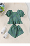 Girls Green Checked Puff Sleeve Ruffle Hem Top and Pants Set - 2