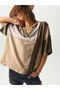 Khaki Color Block 100% Cotton Drop Shoulder T-Shirt - 2