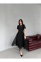 Black Balloon Sleeve Belted Mesh Fabric Midi Evening Dress - 2