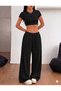 Women's Black Wide-Leg Sweatpants - High-Waisted Relaxed Fit Two-Thread Seasonal Sweatpants