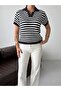 Cotton Striped Polo Collar Short Sleeve Knit Sweater - 7