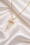 Women's Gold Color Bow Necklace with Pink Stone and Pearl Detail, Stylish Minimal Steel Chain - 3