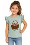 Girl's Green Color T-Shirt with Ruffled Sleeves and Floral Basket Pattern