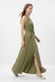 Khaki Double-Breasted Collar Sleeveless Waist Tie Slit Dress 251660 - 2