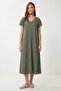 V-Neck Summer Flowy Viscose Dress Len0022 Khaki