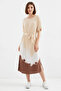 Women's Belted Short Sleeve Patterned Viscose Cream Dress - 4