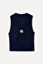Women's Navy Blue Fitted Crew Neck Sleeveless Blouse with Back Detail - 2