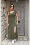 Women Short Sleeve Round Neck White Slit Detail Viscose Full Length Dress