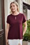 Women's Silky Soft Fabric Wide Zero-Neck Tshirt Blouse with Front Window and Side Slits - Burgundy - 6