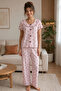Floral Patterned Cotton Boat Neck Wrinkled Soft Summer Pajama Set Pink - 3