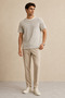 Men's Ecru Striped Textured Fabric Crew Neck T-Shirt - 6