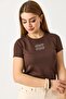 Women's Short Sleeve Letter Printed Stoned Crop Blouse Brown - 4