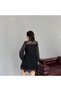 Black Off-Shoulder Lace Embroidered Shirt Collar Short Dress - 7