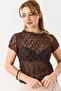 Women's sheer full lace crew neck short sleeve blouse - brown - 4