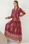 Women's Shirt Collar, Gathered Waist, Long Sleeve, Authentic Patterned Viscose, Burgundy, Hijab Dress - 3