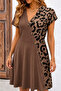 Women's V-Neck Leopard Detailed Buttoned Short Viscose Dress - 2