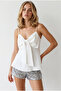 Women's White Adjustable Strap Bow Detailed Pera Linen Blouse Blz-19003371 - 3