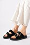 Renam double buckle genuine leather women's slippers - black suede - 3